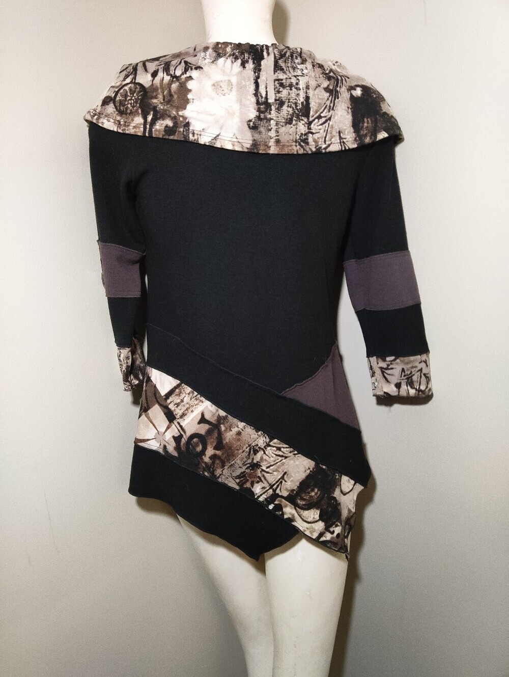 Bali Mixed Media Asymmetrical Tunic Top Black Abstract Faux Leather Trim M - Picture 5 of 12